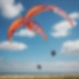 Dynamic demonstration of power kites in action against a clear blue sky