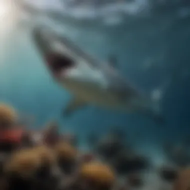 Sharks in the Marine Ecosystem A vibrant underwater scene showcasing sharks interacting with marine life, highlighting their ecological role.