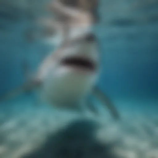 A close-up view of a Great White Shark swimming majestically in clear blue waters.