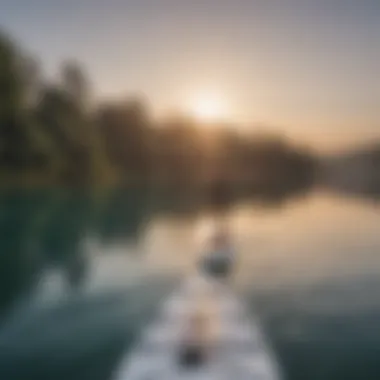 A tranquil lake scene with a motorized stand up paddle board in use