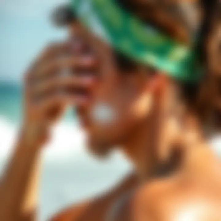 A person applying mineral sunscreen on their skin at the beach
