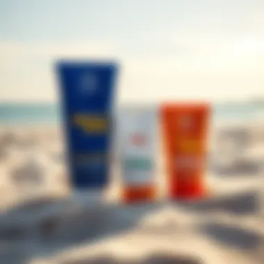 Eco-friendly mineral sunscreen packaging displayed on sandy beach