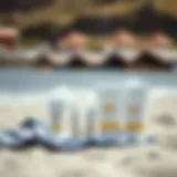 A serene beach scene showcasing mineral sunscreen products on a towel