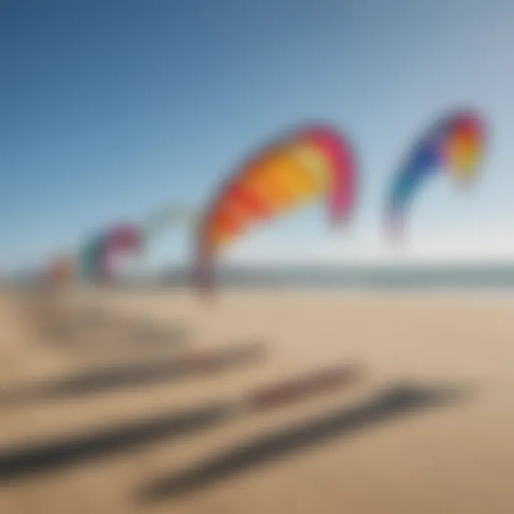 Different types of kiteboarding kites displayed on the beach