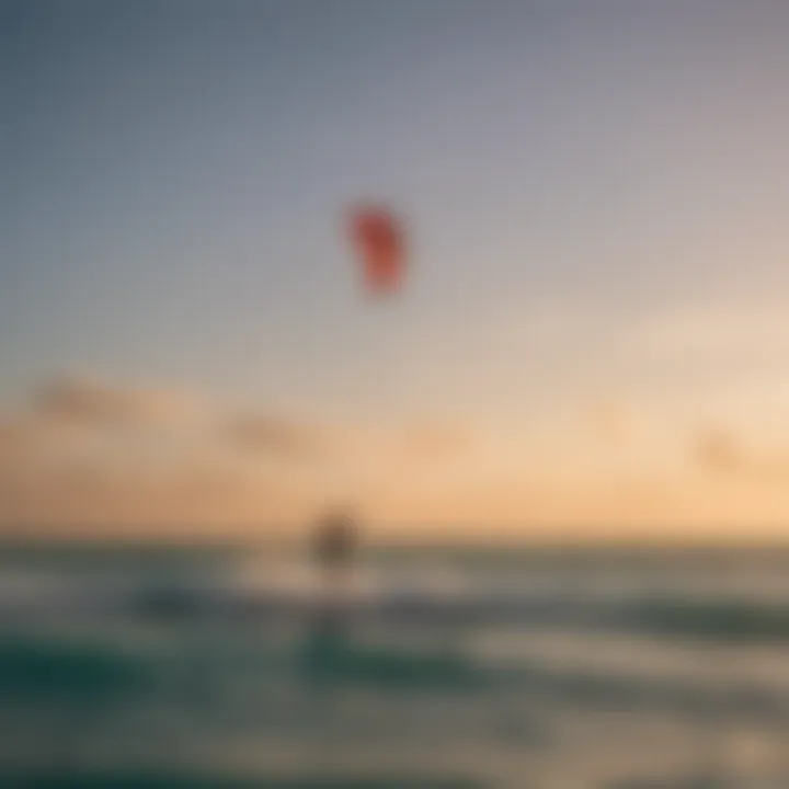 Adventurous kitesurfers riding the waves during sunset