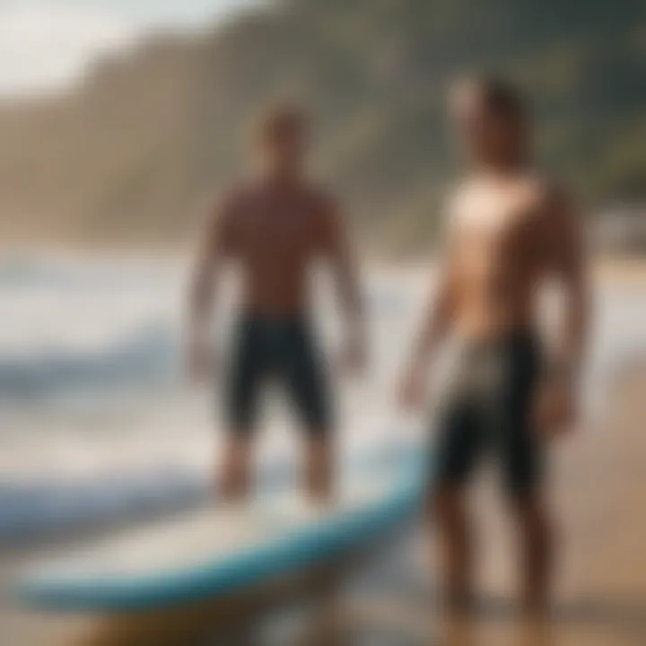 A professional instructor giving tips to a surfer on the beach