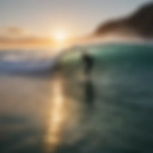 A breathtaking view of surfers riding waves at sunrise