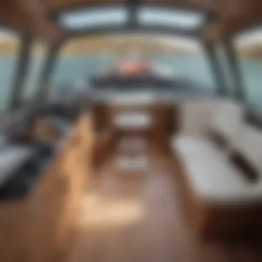 Detailed interior view of a wakeboard boat showcasing seating and storage