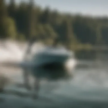 A sleek wakeboard boat gliding across a serene lake