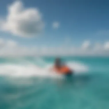 An adventurous watersport scene with jet skis and kayaks against the backdrop of the ocean.