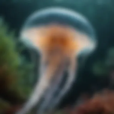 Translucent Jellyfish in the Wild Close-up of a jellyfish in its natural habitat, showcasing its translucent body and tentacles.