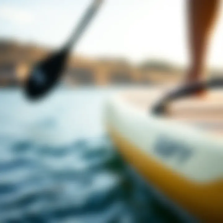 Close-up of a sturdy paddle board stand in use