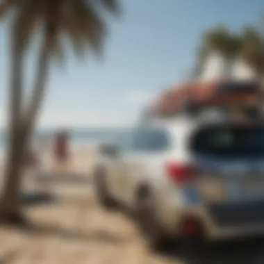 Subaru Outback loaded with surfboards at the beach