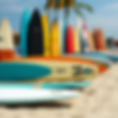Different types of surfing boards displayed on beach sand