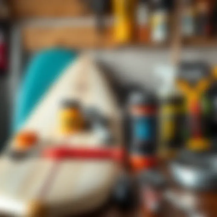 Surfboard maintenance tools and products arranged neatly