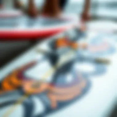Close-up of surfboard design showcasing graphics
