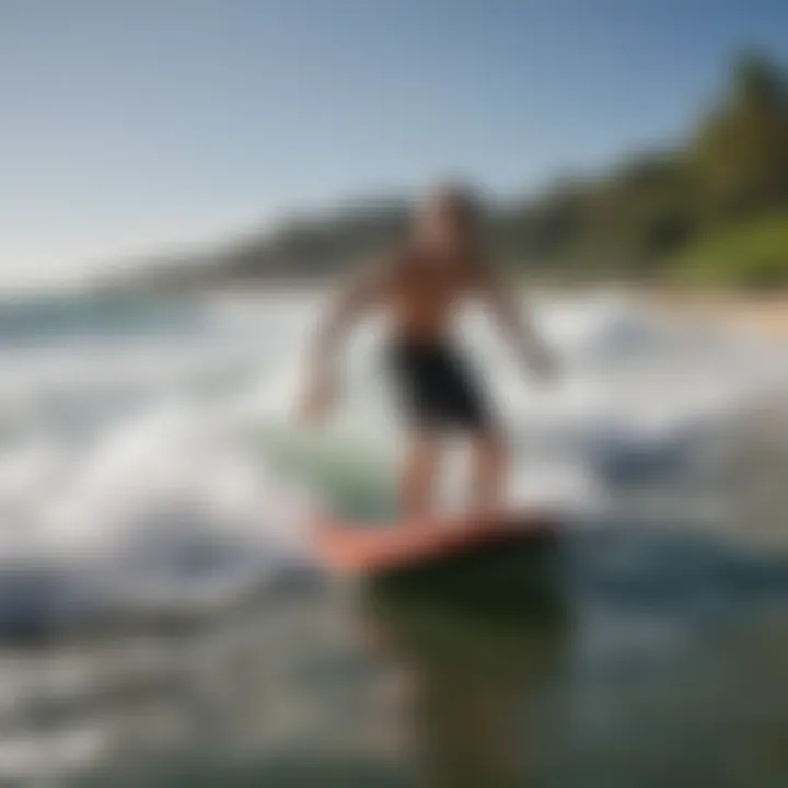 A surf enthusiast riding waves with a boogie board