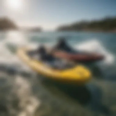 A tranquil water scene featuring various types of electric boards available for watersports.