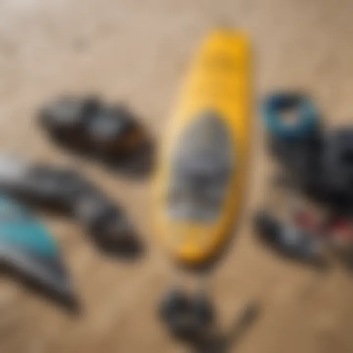 Close-up of high-performance kiteboarding equipment laid out on the beach.