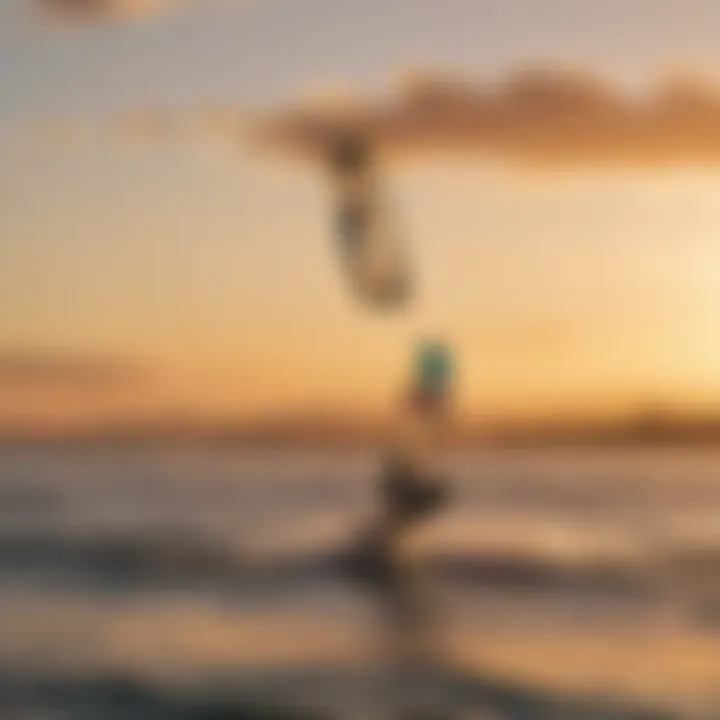 Dynamic scene of kiteboarders racing on a vibrant sunset horizon.