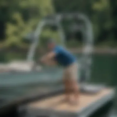 A technician demonstrating proper installation of a wakeboard rack on a pontoon