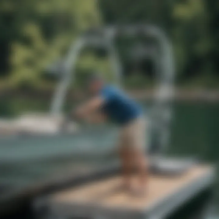 A technician demonstrating proper installation of a wakeboard rack on a pontoon