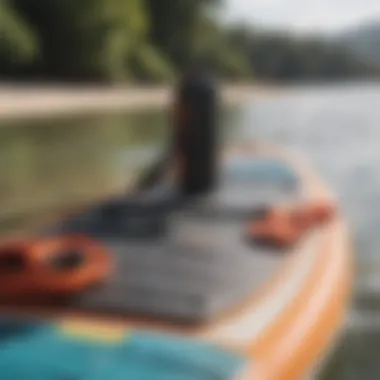 Close-up of essential paddle board equipment including paddle and life jacket.