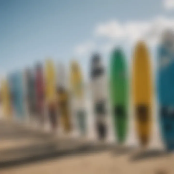 A variety of kitesurfing boards displayed