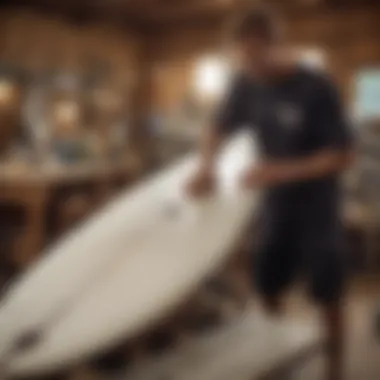 Proper maintenance techniques for a surfboard on display.