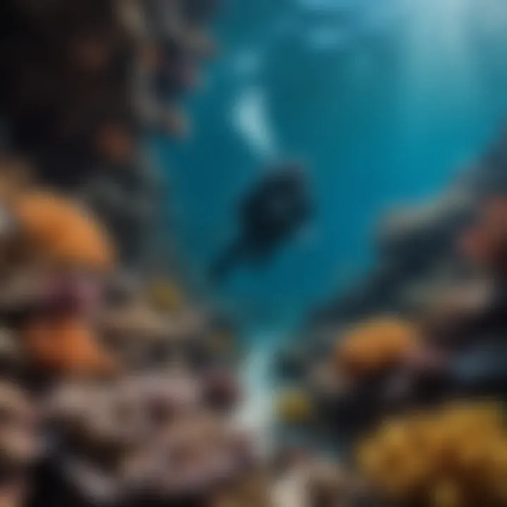 A serene underwater scene showcasing a diver exploring the reef