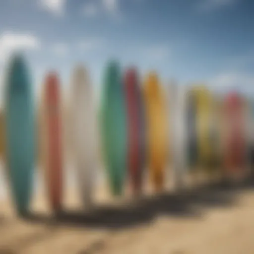 Different types of surfboards lined up on the beach