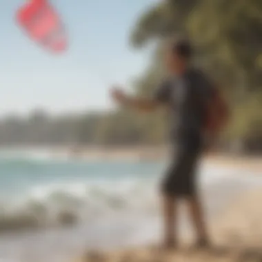 An enthusiastic beginner practicing with a trainer kite on a sunny day