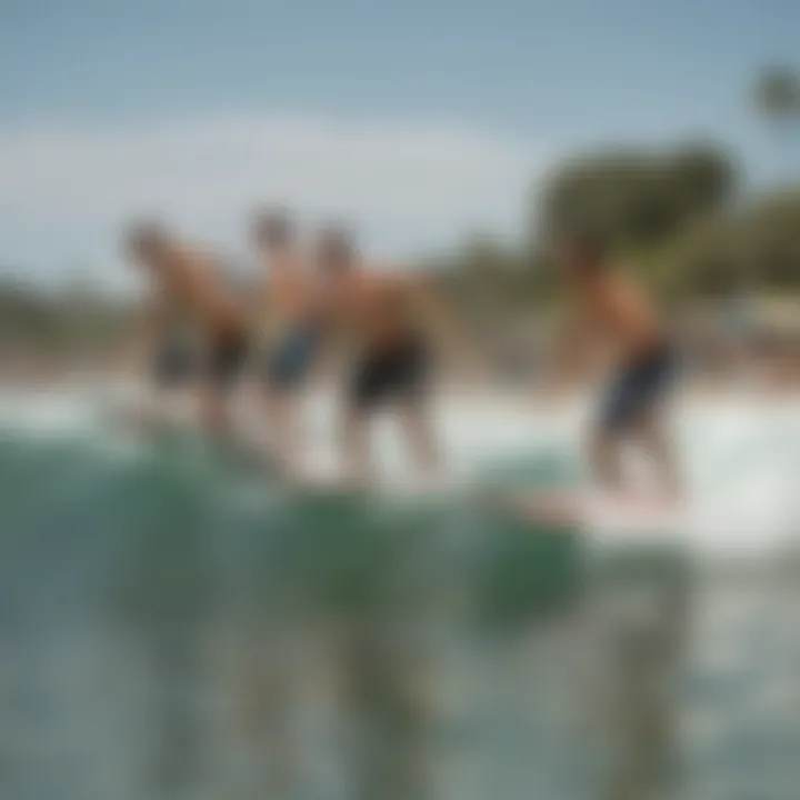 A diverse group of skimboarders enjoying the sport together