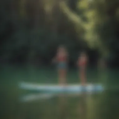 A group of friends enjoying a day of paddleboarding on a calm lake