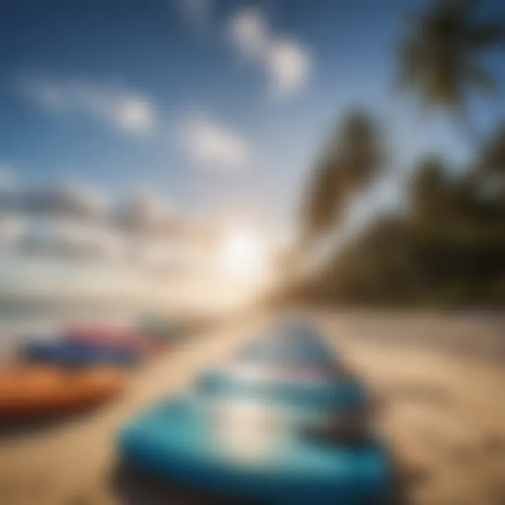 A vibrant beach scene showcasing a variety of large boogie boards on display