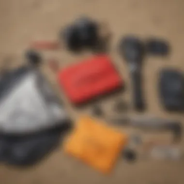 A close-up of essential Calikite equipment laid out on the beach.