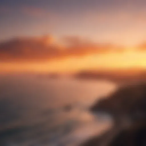 A vibrant sunset over San Francisco's coastline with kites soaring in the sky.