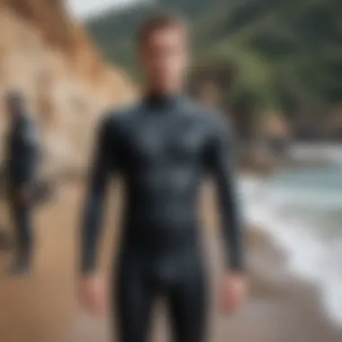 Person trying on a wetsuit to check for proper fit