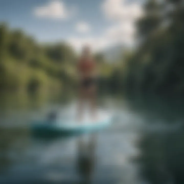 Demonstration of the paddle board in action on a serene water body