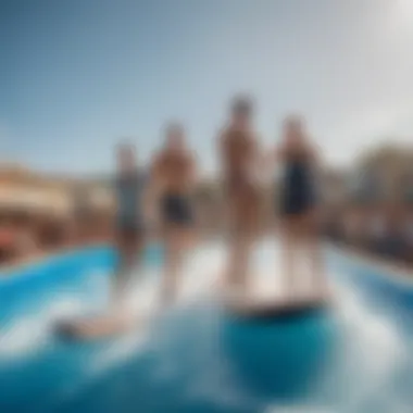 A group of friends enjoying a day at the Flowrider facility, showcasing camaraderie and excitement.