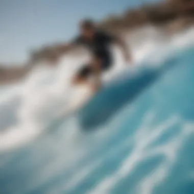 Surfing on the Flowrider A thrilling moment on the Flowrider with a surfer skillfully maneuvering the waves.