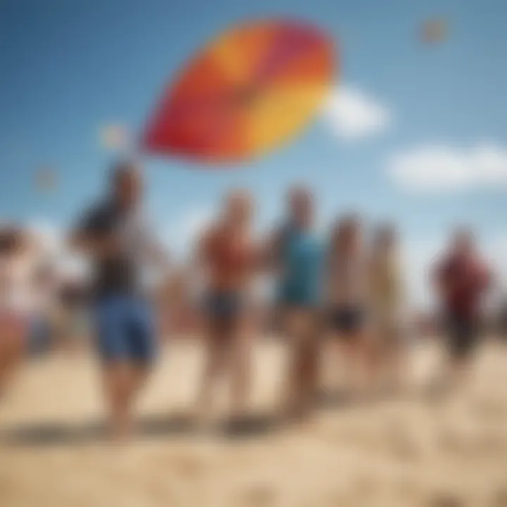 A group of watersport enthusiasts laughing and flying whimsical kites during a sunny day.