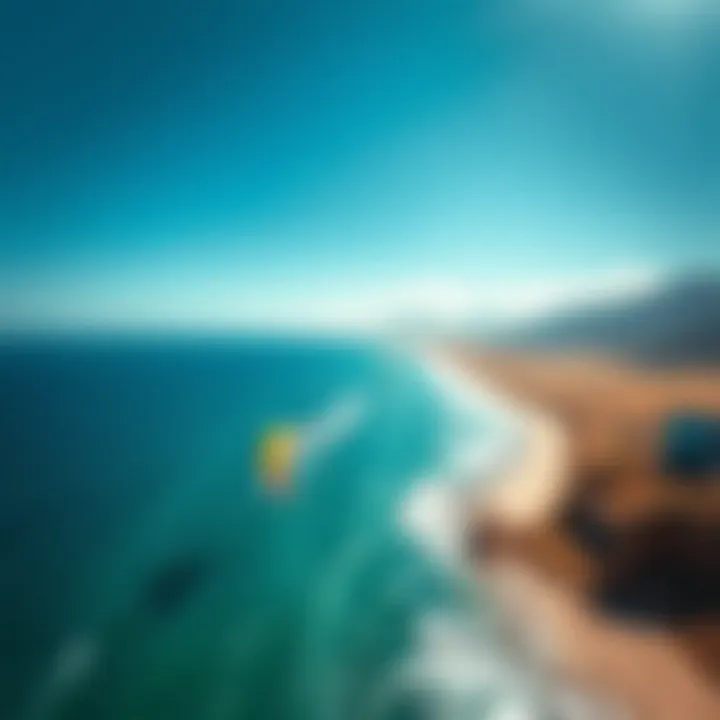 An aerial shot showcasing the stunning coastline and ideal wind conditions for kitesurfing.