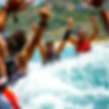 A vibrant kitesurfing community celebrating after a thrilling day on the water.