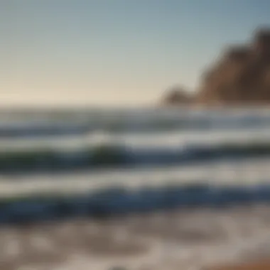 A breathtaking view of the coastline with surfers riding the waves at Essaouira