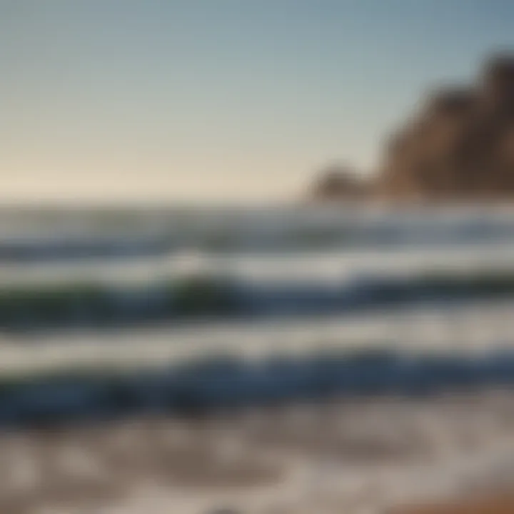 A breathtaking view of the coastline with surfers riding the waves at Essaouira