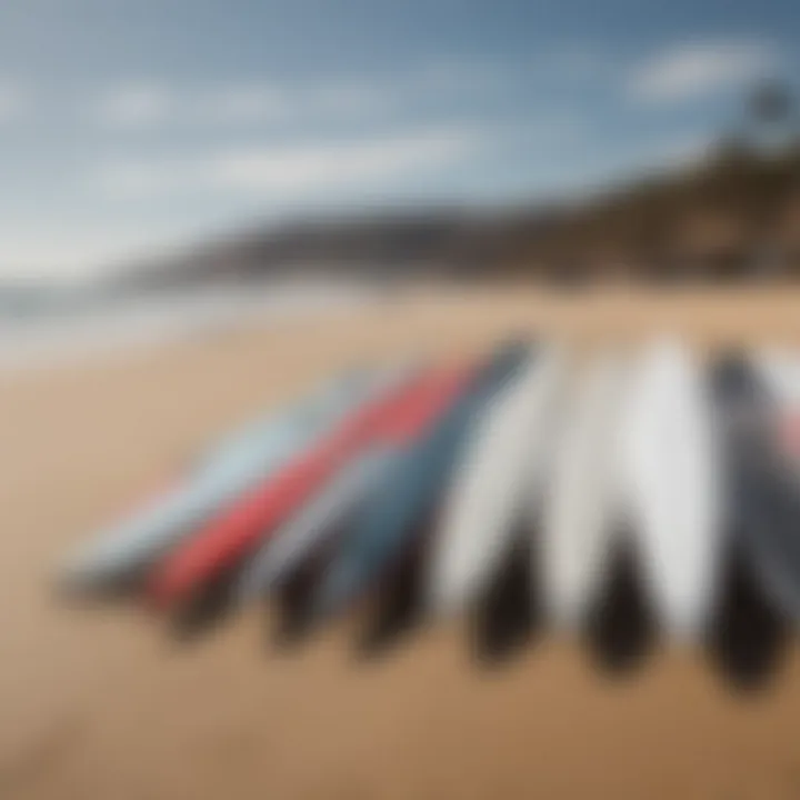 Surfboards lined up on the beach, ready for adventurous surfers