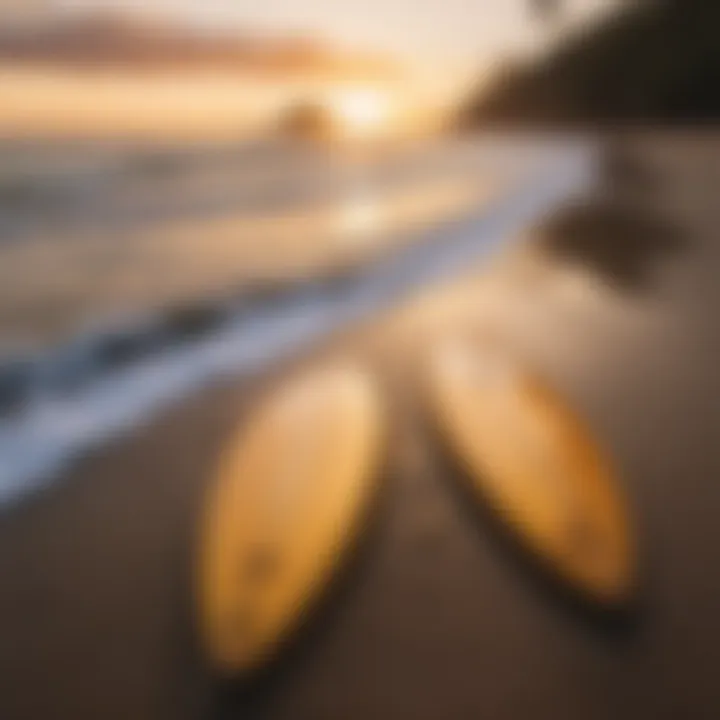 Golden sunset over a tranquil beach with surfboards lined up