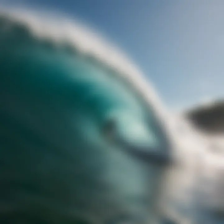 Surfer catching a massive wave in a pristine ocean