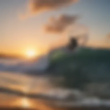 Surfers in Action at Sunset A scenic beach with surfers catching waves against a sunset backdrop